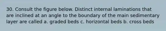 30. Consult the figure below. Distinct internal laminations that are inclined at an angle to the boundary of the main sedimentary layer are called a. graded beds c. horizontal beds b. cross beds