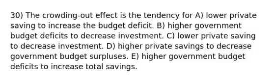 30) The crowding-out effect is the tendency for A) lower private saving to increase the budget deficit. B) higher government budget deficits to decrease investment. C) lower private saving to decrease investment. D) higher private savings to decrease government budget surpluses. E) higher government budget deficits to increase total savings.