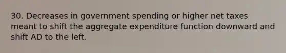 30. Decreases in government spending or higher net taxes meant to shift the aggregate expenditure function downward and shift AD to the left.