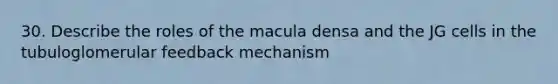 30. Describe the roles of the macula densa and the JG cells in the tubuloglomerular feedback mechanism