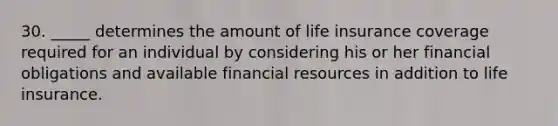 30. _____ determines the amount of life insurance coverage required for an individual by considering his or her financial obligations and available financial resources in addition to life insurance.