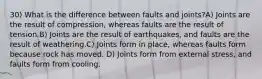 30) What is the difference between faults and joints?A) Joints are the result of compression, whereas faults are the result of tension.B) Joints are the result of earthquakes, and faults are the result of weathering.C) Joints form in place, whereas faults form because rock has moved. D) Joints form from external stress, and faults form from cooling.