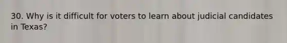 30. Why is it difficult for voters to learn about judicial candidates in Texas?