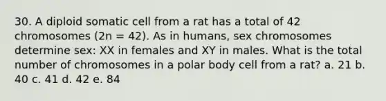 30. A diploid somatic cell from a rat has a total of 42 chromosomes (2n = 42). As in humans, sex chromosomes determine sex: XX in females and XY in males. What is the total number of chromosomes in a polar body cell from a rat? a. 21 b. 40 c. 41 d. 42 e. 84