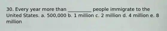 30. Every year <a href='https://www.questionai.com/knowledge/keWHlEPx42-more-than' class='anchor-knowledge'>more than</a> __________ people immigrate to the United States. a. 500,000 b. 1 million c. 2 million d. 4 million e. 8 million