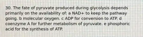 30. The fate of pyruvate produced during glycolysis depends primarily on the availability of: a NAD+ to keep the pathway going. b molecular oxygen. c ADP for conversion to ATP. d coenzyme A for further metabolism of pyruvate. e phosphoric acid for the synthesis of ATP.