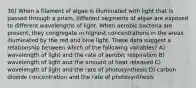 30) When a filament of algae is illuminated with light that is passed through a prism, different segments of algae are exposed to different wavelengths of light. When aerobic bacteria are present, they congregate in highest concentrations in the areas illuminated by the red and blue light. These data suggest a relationship between which of the following variables? A) wavelength of light and the rate of aerobic respiration B) wavelength of light and the amount of heat released C) wavelength of light and the rate of photosynthesis D) carbon dioxide concentration and the rate of photosynthesis