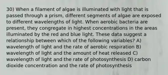 30) When a filament of algae is illuminated with light that is passed through a prism, different segments of algae are exposed to different wavelengths of light. When aerobic bacteria are present, they congregate in highest concentrations in the areas illuminated by the red and blue light. These data suggest a relationship between which of the following variables? A) wavelength of light and the rate of aerobic respiration B) wavelength of light and the amount of heat released C) wavelength of light and the rate of photosynthesis D) carbon dioxide concentration and the rate of photosynthesis