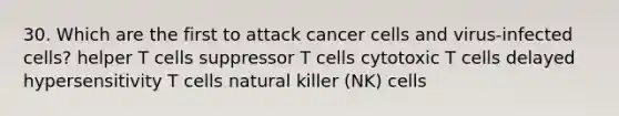 30. Which are the first to attack cancer cells and virus-infected cells? helper T cells suppressor T cells cytotoxic T cells delayed hypersensitivity T cells natural killer (NK) cells