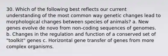 30. Which of the following best reflects our current understanding of the most common way genetic changes lead to morphological changes between species of animals? a. New genes evolve de novo from non-coding sequences of genomes. b. Changes in the regulation and function of a conserved set of "toolkit" genes c. Horizontal gene transfer of genes from more complex organisms.