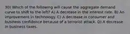 30) Which of the following will cause the aggregate demand curve to shift to the left? A) A decrease in the interest rate. B) An improvement in technology. C) A decrease in consumer and business confidence because of a terrorist attack. D) A decrease in business taxes.