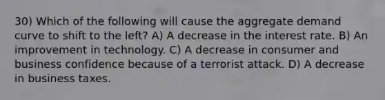 30) Which of the following will cause the aggregate demand curve to shift to the left? A) A decrease in the interest rate. B) An improvement in technology. C) A decrease in consumer and business confidence because of a terrorist attack. D) A decrease in business taxes.