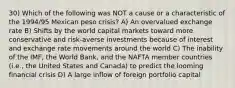 30) Which of the following was NOT a cause or a characteristic of the 1994/95 Mexican peso crisis? A) An overvalued exchange rate B) Shifts by the world capital markets toward more conservative and risk-averse investments because of interest and exchange rate movements around the world C) The inability of the IMF, the World Bank, and the NAFTA member countries (i.e., the United States and Canada) to predict the looming financial crisis D) A large inflow of foreign portfolio capital