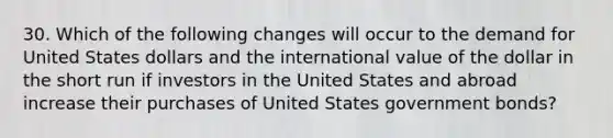 30. Which of the following changes will occur to the demand for United States dollars and the international value of the dollar in the short run if investors in the United States and abroad increase their purchases of United States government bonds?