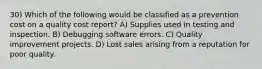 30) Which of the following would be classified as a prevention cost on a quality cost report? A) Supplies used in testing and inspection. B) Debugging software errors. C) Quality improvement projects. D) Lost sales arising from a reputation for poor quality.