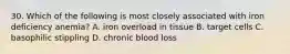 30. Which of the following is most closely associated with iron deficiency anemia? A. iron overload in tissue B. target cells C. basophilic stippling D. chronic blood loss