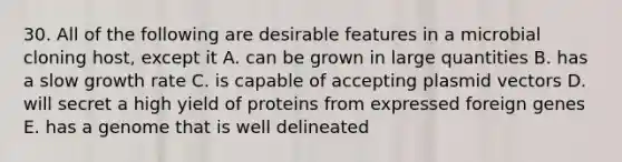 30. All of the following are desirable features in a microbial cloning host, except it A. can be grown in large quantities B. has a slow growth rate C. is capable of accepting plasmid vectors D. will secret a high yield of proteins from expressed foreign genes E. has a genome that is well delineated