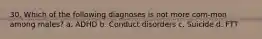 30. Which of the following diagnoses is not more com-mon among males? a. ADHD b. Conduct disorders c. Suicide d. FTT