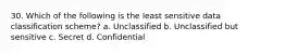 30. Which of the following is the least sensitive data classification scheme? a. Unclassified b. Unclassified but sensitive c. Secret d. Confidential