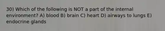 30) Which of the following is NOT a part of the internal environment? A) blood B) brain C) heart D) airways to lungs E) endocrine glands