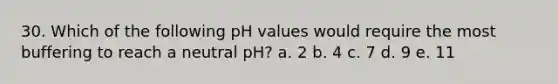 30. Which of the following pH values would require the most buffering to reach a neutral pH? a. 2 b. 4 c. 7 d. 9 e. 11