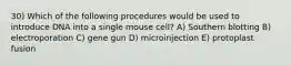 30) Which of the following procedures would be used to introduce DNA into a single mouse cell? A) Southern blotting B) electroporation C) gene gun D) microinjection E) protoplast fusion