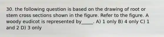 30. the following question is based on the drawing of root or stem cross sections shown in the figure. Refer to the figure. A woody eudicot is represented by_____. A) 1 only B) 4 only C) 1 and 2 D) 3 only