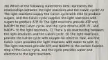 30) Which of the following statements best represents the relationships between the light reactions and the Calvin cycle? A) The light reactions supply the Calvin cycle with CO2 to produce sugars, and the Calvin cycle supplies the light reactions with sugars to produce ATP. B) The light reactions provide ATP and NADPH to the Calvin cycle, and the cycle returns ADP, Pi , and NADP+ to the light reactions. C) There is no relationship between the light reactions and the Calvin cycle. D) The light reactions provide the Calvin cycle with oxygen for electron flow, and the Calvin cycle provides the light reactions with water to split. E) The light reactions provide ATP and NADPH to the carbon fixation step of the Calvin cycle, and the cycle provides water and electrons to the light reactions.