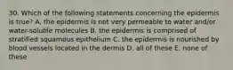 30. Which of the following statements concerning the epidermis is true? A. the epidermis is not very permeable to water and/or water-soluble molecules B. the epidermis is comprised of stratified squamous epithelium C. the epidermis is nourished by blood vessels located in the dermis D. all of these E. none of these