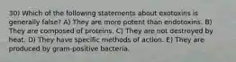 30) Which of the following statements about exotoxins is generally false? A) They are more potent than endotoxins. B) They are composed of proteins. C) They are not destroyed by heat. D) They have specific methods of action. E) They are produced by gram-positive bacteria.