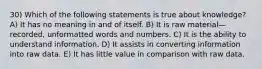 30) Which of the following statements is true about knowledge? A) It has no meaning in and of itself. B) It is raw material—recorded, unformatted words and numbers. C) It is the ability to understand information. D) It assists in converting information into raw data. E) It has little value in comparison with raw data.