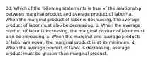 30. Which of the following statements is true of the relationship between marginal product and average product of labor? a. When the marginal product of labor is decreasing, the average product of labor must also be decreasing. b. When the average product of labor is increasing, the marginal product of labor must also be increasing. c. When the marginal and average products of labor are equal, the marginal product is at its minimum. d. When the average product of labor is decreasing, average product must be greater than marginal product.