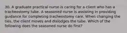 30. A graduate practical nurse is caring for a client who has a tracheostomy tube. A seasoned nurse is assisting in providing guidance for completing tracheostomy care. When changing the ties, the client moves and dislodges the tube. Which of the following does the seasoned nurse do first?