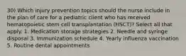 30) Which injury prevention topics should the nurse include in the plan of care for a pediatric client who has received hematopoietic stem cell transplantation (HSCT)? Select all that apply. 1. Medication storage strategies 2. Needle and syringe disposal 3. Immunization schedule 4. Yearly influenza vaccination 5. Routine dental appointments