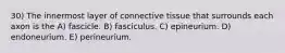 30) The innermost layer of connective tissue that surrounds each axon is the A) fascicle. B) fasciculus. C) epineurium. D) endoneurium. E) perineurium.