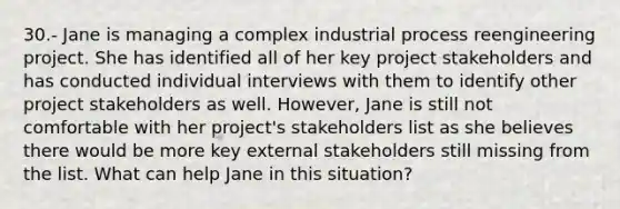 30.- Jane is managing a complex industrial process reengineering project. She has identified all of her key project stakeholders and has conducted individual interviews with them to identify other project stakeholders as well. However, Jane is still not comfortable with her project's stakeholders list as she believes there would be more key external stakeholders still missing from the list. What can help Jane in this situation?