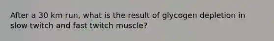 After a 30 km run, what is the result of glycogen depletion in slow twitch and fast twitch muscle?