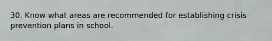 30. Know what areas are recommended for establishing crisis prevention plans in school.