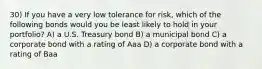 30) If you have a very low tolerance for risk, which of the following bonds would you be least likely to hold in your portfolio? A) a U.S. Treasury bond B) a municipal bond C) a corporate bond with a rating of Aaa D) a corporate bond with a rating of Baa