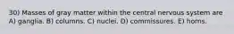 30) Masses of gray matter within the central nervous system are A) ganglia. B) columns. C) nuclei. D) commissures. E) horns.