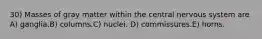 30) Masses of gray matter within the central nervous system are A) ganglia.B) columns.C) nuclei. D) commissures.E) horns.