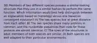 30) Members of two different species possess a similar-looking structure that they use in a similar fashion to perform the same function. Which information would best help distinguish between an explanation based on homology versus one based on convergent evolution? A) The two species live at great distance from each other. B) The two species share many proteins in common, and the nucleotide sequences that code for these proteins are almost identical. C) The sizes of the structures in adult members of both species are similar. D) Both species are well adapted to their particular environments.