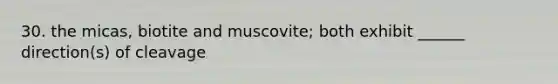 30. the micas, biotite and muscovite; both exhibit ______ direction(s) of cleavage