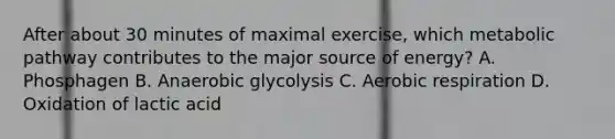 After about 30 minutes of maximal exercise, which metabolic pathway contributes to the major source of energy? A. Phosphagen B. Anaerobic glycolysis C. Aerobic respiration D. Oxidation of lactic acid