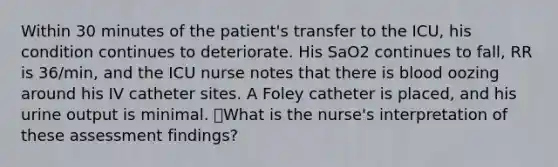 Within 30 minutes of the patient's transfer to the ICU, his condition continues to deteriorate. His SaO2 continues to fall, RR is 36/min, and the ICU nurse notes that there is blood oozing around his IV catheter sites. A Foley catheter is placed, and his urine output is minimal. What is the nurse's interpretation of these assessment findings?