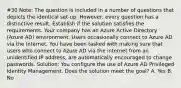 #30 Note: The question is included in a number of questions that depicts the identical set-up. However, every question has a distinctive result. Establish if the solution satisfies the requirements. Your company has an Azure Active Directory (Azure AD) environment. Users occasionally connect to Azure AD via the Internet. You have been tasked with making sure that users who connect to Azure AD via the internet from an unidentified IP address, are automatically encouraged to change passwords. Solution: You configure the use of Azure AD Privileged Identity Management. Does the solution meet the goal? A. Yes B. No