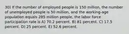 30) If the number of employed people is 150 million, the number of unemployed people is 50 million, and the working-age population equals 285 million people, the labor force participation rate is A) 70.2 percent. B) 81 percent. C) 17.5 percent. D) 25 percent. E) 52.6 percent.