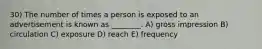 30) The number of times a person is exposed to an advertisement is known as ________. A) gross impression B) circulation C) exposure D) reach E) frequency