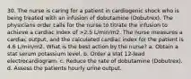 30. The nurse is caring for a patient in cardiogenic shock who is being treated with an infusion of dobutamine (Dobutrex). The physicians order calls for the nurse to titrate the infusion to achieve a cardiac index of >2.5 L/min/m2. The nurse measures a cardiac output, and the calculated cardiac index for the patient is 4.6 L/min/m2. What is the best action by the nurse? a. Obtain a stat serum potassium level. b. Order a stat 12-lead electrocardiogram. c. Reduce the rate of dobutamine (Dobutrex). d. Assess the patients hourly urine output.