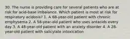 30. The nurse is providing care for several patients who are at risk for acid-base imbalance. Which patient is most at risk for respiratory acidosis? 1. A 68-year-old patient with chronic emphysema 2. A 58-year-old patient who uses antacids every day 3. A 48-year-old patient with an anxiety disorder 4. A 28-year-old patient with salicylate intoxication